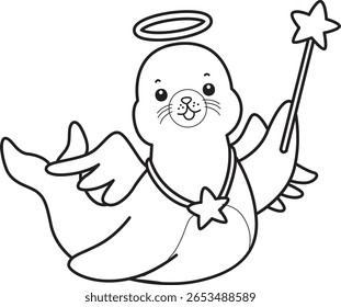Coloring pages of cute seal. outline of angel seal flying