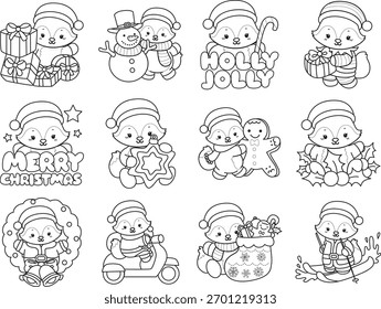 Dibujos para colorear de Conjunto lindo de Fox pegatina con actividad de Navidad. Esquema de Fox en la variación de la temática de Navidades