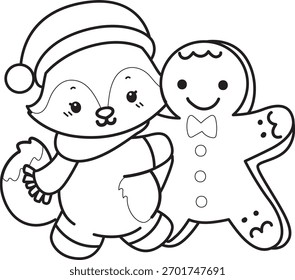 Colorir páginas de bonito conjunto de Fox adesivo com atividade de Natal. Contorno de Raposa com pão de gengibre