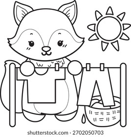 Coloring pages of Cute set of Fox sticker with activity. Outline of Fox dry and clean the clothes under the sun 
