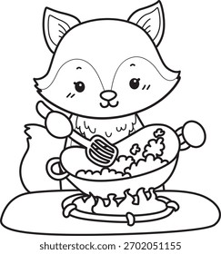 Coloring pages of Cute set of Fox sticker with activity. Outline of Fox cooking a fried rice