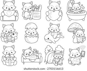 Dibujos para colorear de Conjunto lindo de Fox sticker con actividad. Esquema de Fox en la variación de la actividad aleatoria