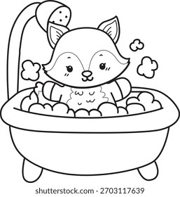 Coloring pages of Cute set of Fox sticker with activity. Outline of Fox take a bath in the bathroom