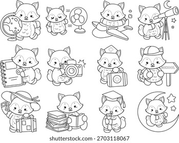 Dibujos para colorear de Conjunto lindo de Fox sticker con actividad. Esquema de Fox en la variación de la educación inteligente y