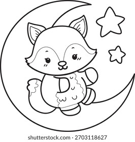 Coloring pages of Cute set of Fox sticker with activity. Outline of Fox in the moon