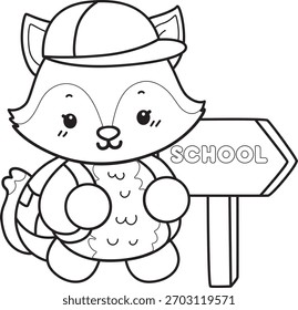 Coloring pages of Cute set of Fox sticker with activity. Outline of Fox want to going to school 