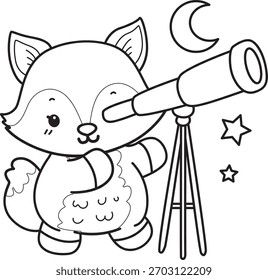 Malvorlagen von Niedlichen Satz von Fox Aufkleber mit Aktivität. Die Kontur von Fox sehen den Mond mit einem Teleskop.