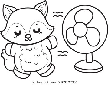Coloring pages of Cute set of Fox sticker with activity. Outline of Fox feel the air from the fan