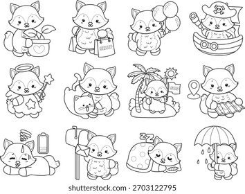 Dibujos para colorear de Conjunto lindo de Fox sticker con actividad. Esquema de Fox en la variación de la vida diaria