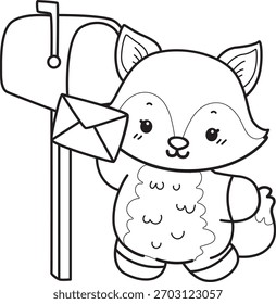Dibujos para colorear de Conjunto lindo de Fox sticker con actividad. Esquema de Fox enviar el mensaje por el cuadro de correo