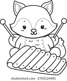 Dibujos para colorear de Conjunto lindo de Fox sticker con actividad. Esquema de Fox tocando un xilófono 