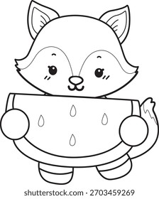 Dibujos para colorear de Conjunto lindo de Fox sticker con actividad. El contorno de Fox trae una sandía 