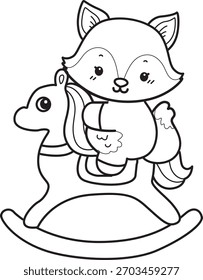 Coloring pages of Cute set of Fox sticker with activity. Outline of Fox playing a Rocky horse