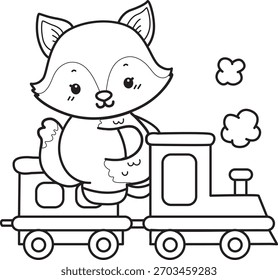 Coloring pages of Cute set of Fox sticker with activity. Outline of Fox riding a train