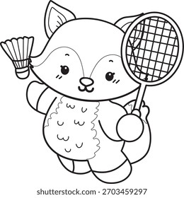 Dibujos para colorear de Conjunto lindo de Fox sticker con actividad. Esquema de Fox jugando un bádminton