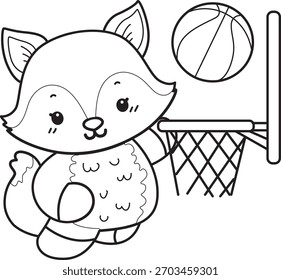 Coloring pages of Cute set of Fox sticker with activity. Outline of Fox playing a basketball