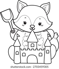 Coloring pages of Cute set of Fox sticker with activity. Outline of Fox playing a sand castle 