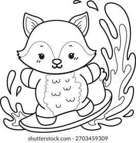 Coloring pages of Cute set of Fox sticker with activity. Outline of Fox playing a surfing