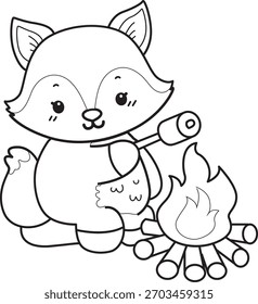 Dibujos para colorear de Conjunto lindo de Fox sticker con actividad. Esquema de Fox asando un malvavisco