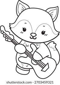 Dibujos para colorear de Conjunto lindo de Fox sticker con actividad. Descripción de Fox tocando una guitarra