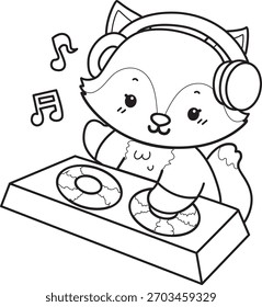 Dibujos para colorear de Conjunto lindo de Fox sticker con actividad. Esquema de Fox tocando una discoteca en el club.