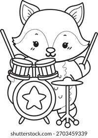 Colorir páginas de bonito conjunto de Fox adesivo com atividade. Contorno de Fox tocando um tambor na banda