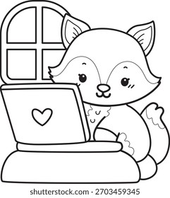 Coloring pages of Cute set of Fox sticker with activity. Outline of Fox typing in the notepad