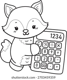 Coloring pages of Cute set of Fox sticker with activity. Outline of Fox bring a calculator