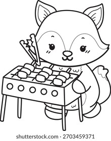 Coloring pages of Cute set of Fox sticker with activity. Outline of Fox grilled the barbecue