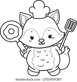 Coloring pages of Cute set of Fox sticker with activity. Outline of Fox want to cooking egg