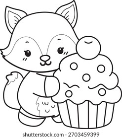 Dibujos para colorear de Conjunto lindo de Fox sticker con actividad. El contorno de Fox trae un cupcake cremoso.