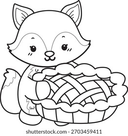 Dibujos para colorear de Conjunto lindo de Fox sticker con actividad. Esquema de Fox traer una cereza de pastel