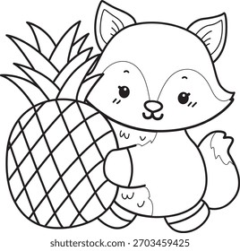 Malvorlagen von Niedlichen Satz von Fox Aufkleber mit Aktivität. Umriss von Fox bringen eine Ananas