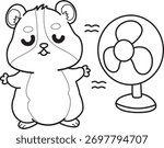 Coloring pages of Cute set of hamster sticker with activity. Orange and white colors. Outline of hamster feel the air from the fan 