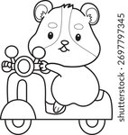 Coloring pages of Cute set of hamster sticker with activity. Orange and white colors. Outline of hamster riding a scooter