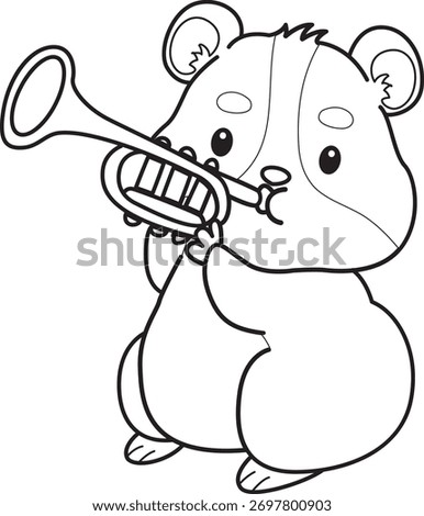 Coloring pages of Cute set of hamster sticker with activity. Orange and white colors. Outline of hamster playing a trumpet 