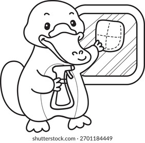 Colorir páginas de bonito conjunto de adesivo de ornitorrinco com atividade. Contorno de ornitorrinco limpar a janela