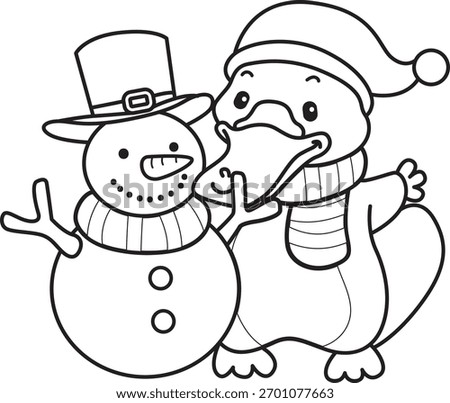 Coloring pages of Cute set of platypus sticker with christmas activity. Outline of platypus with snowman