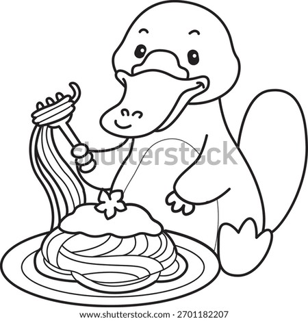 Coloring pages of Cute set of platypus sticker with activity. Outline of platypus want to eating spaghetti