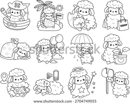 Coloring pages of Cute sheep hand drawn emotes icon. Baby sheep illustration activites. Outline of sheep in the variation of daily life