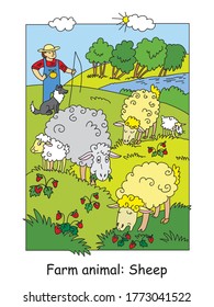 Coloring pages with cute sheeps gracing on meadow and shepherd with his dog. Cartoon vector illustration. Stock illustration for design, preschool education, print and game. 