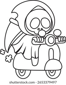 Coloring pages of cute skull. outline of Skull riding a scooter