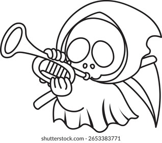 Colorir páginas de crânio bonito. contorno de Caveira tocando um trompete