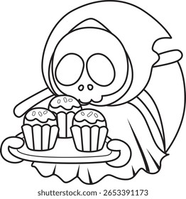 Coloring pages of cute skull. outline of Skull bring a three of cupcake