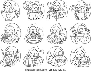 Coloring pages of cute skull. outline of Skull in the variation of junk food and meal