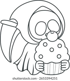 Colorir páginas de crânio bonito. contorno do crânio trazer um cupcakes cremoso 