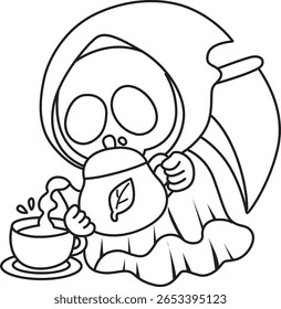 Coloring pages of cute skull. outline of Skull pouring a tea from the teapot