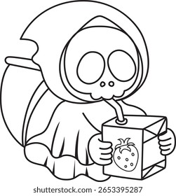Coloring pages of cute skull. outline of Skull drinking a strawberry milk