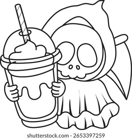 Colorir páginas de crânio bonito. contorno do crânio trazer um milkshake