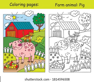 Coloring Pages With Cute Smiling Pig And Cat On The Farm Meadow. Cartoon Vector Illustration. Coloring And Colored Image Of Pig.Stock Illustration For Design, Preschool Education, Print And Game. 